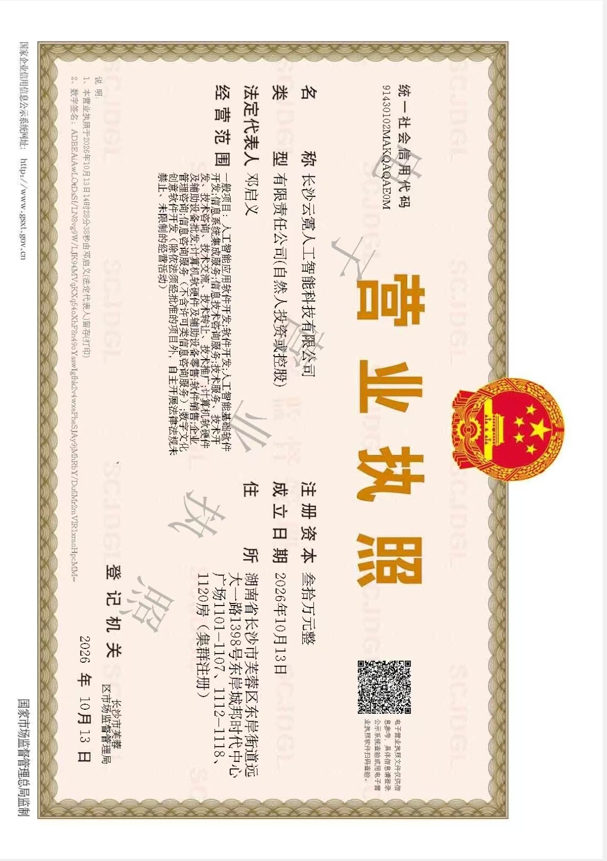 长沙云霓人工智能科技有限公司营业执照
